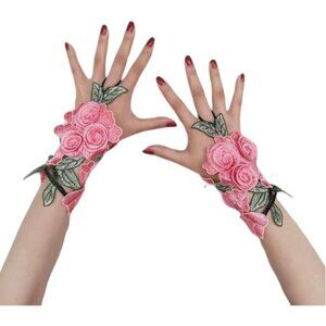 Women's A-B-Pink Flowers Embroidered Lace Gloves Cocktail Party Costumes